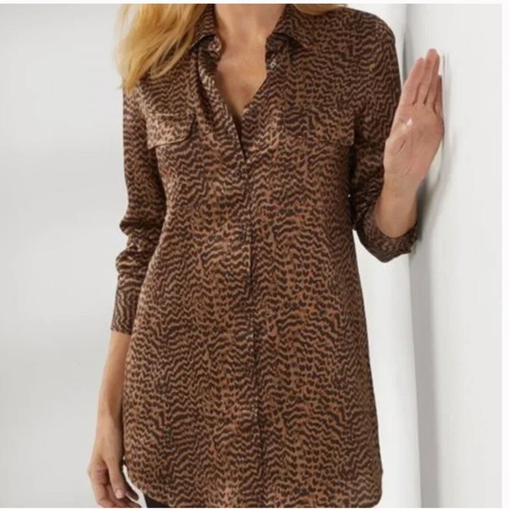 Soft Surroundings 100% Silk Button Blouse Top Size L Brown Animal Print Mob Wife